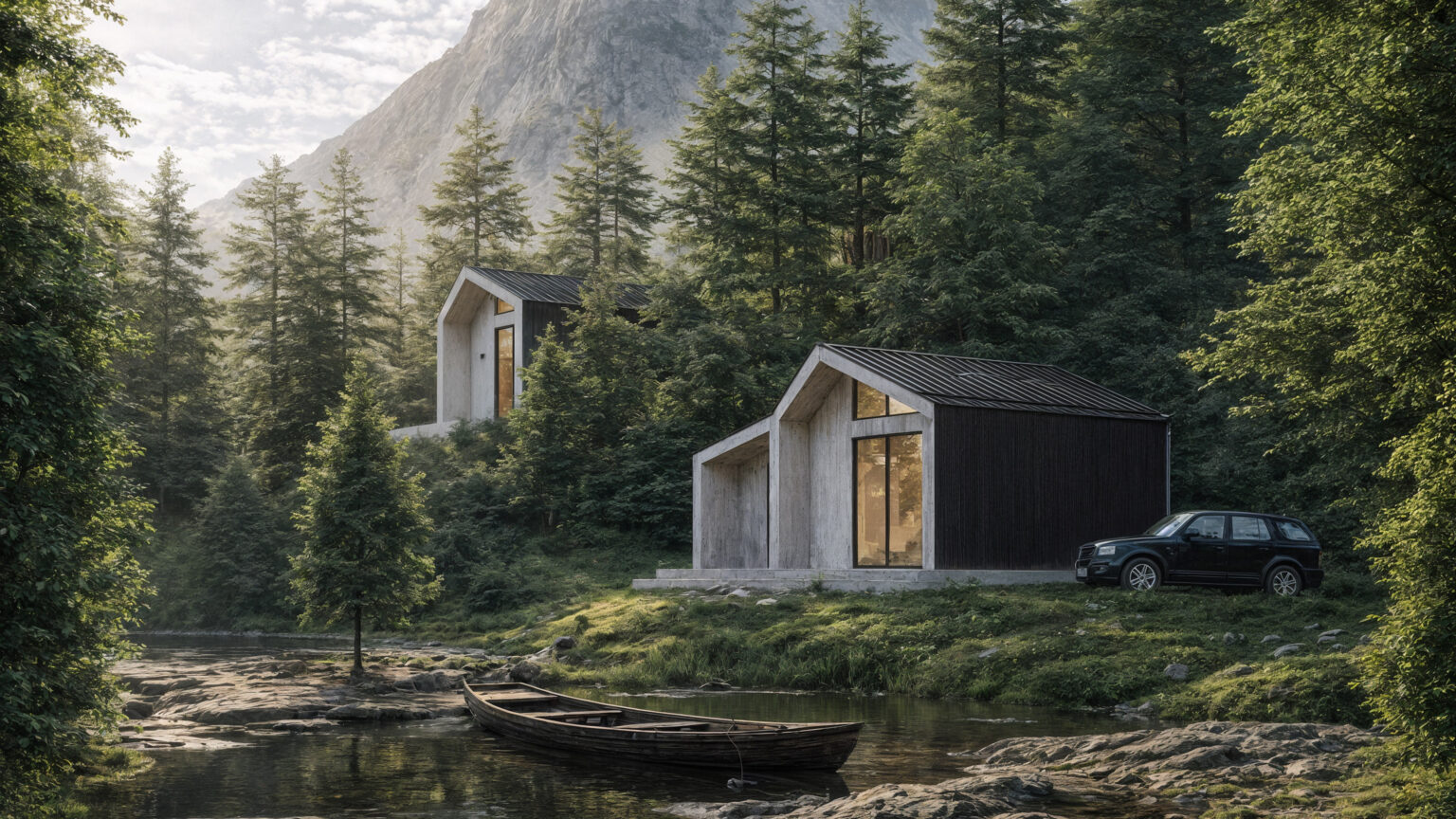 Dva modulárne drevodomy Elements of Living pri vode (vizualizácia)