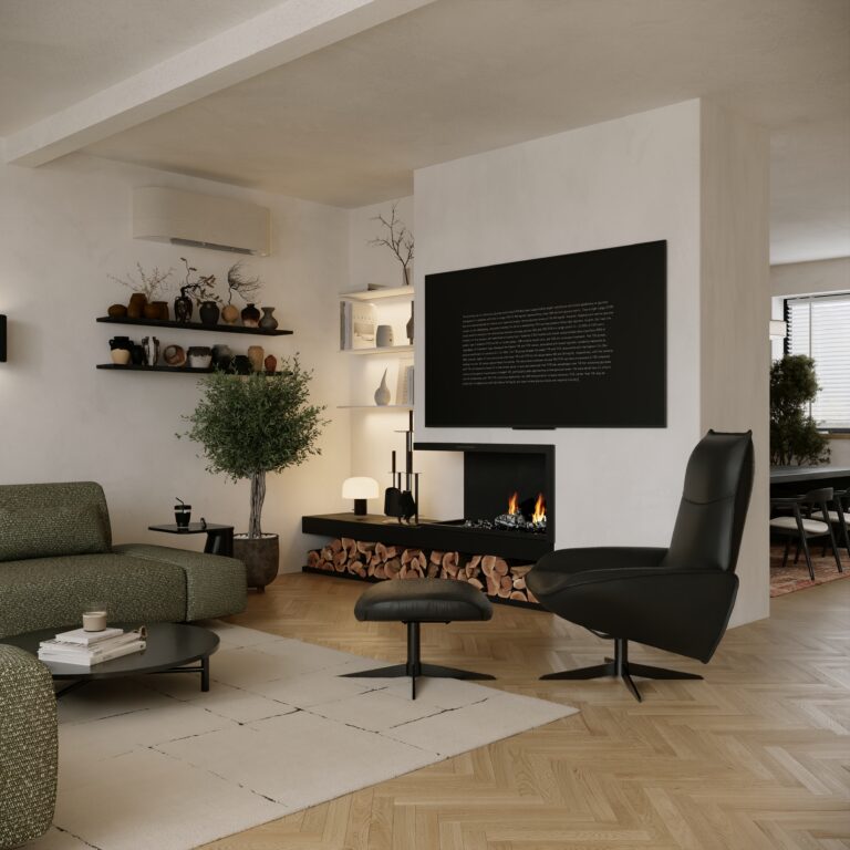 Návrh obývačky s krbom — 3D vizualizácia, rodinný dom Bratislava