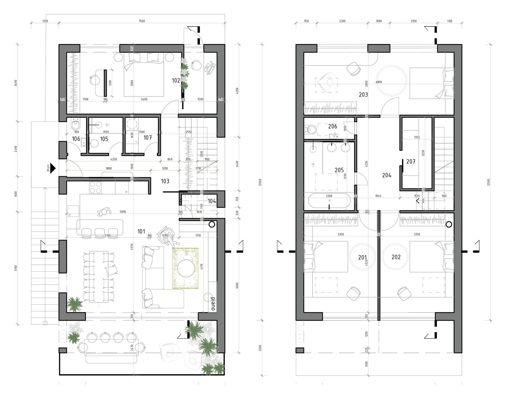 Pôdorysy 1. a 2. nadzemného podlažia z architektonickej štúdie