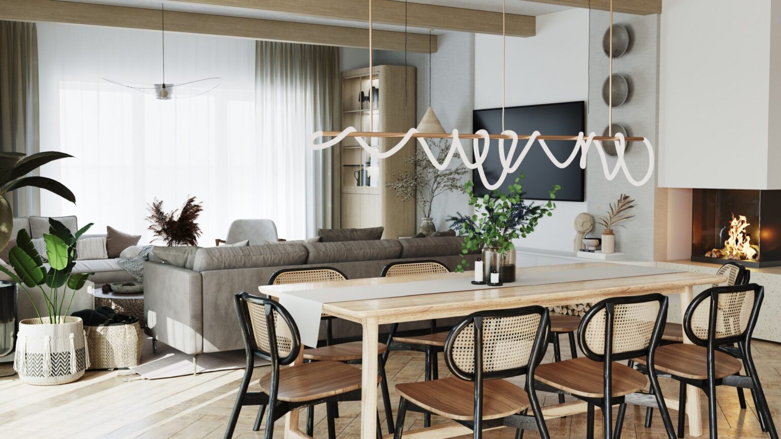 Interieurentwurf eines Einfamilienhauses — Wohnzimmer mit Essbereich und Cheminée