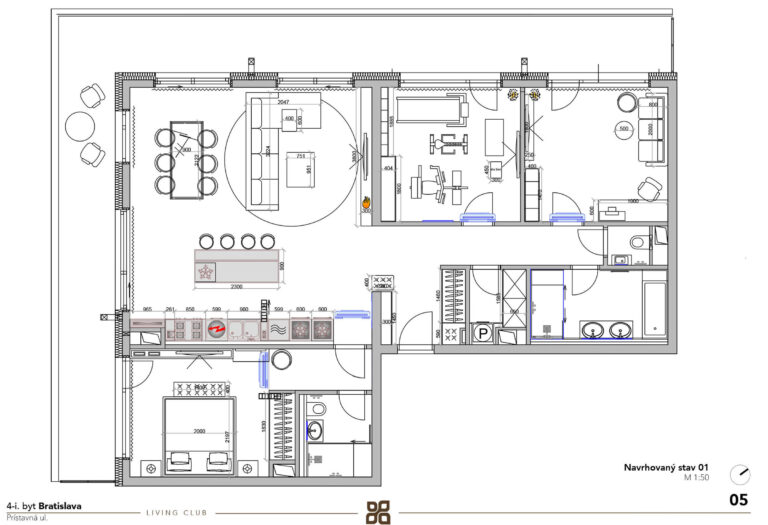 Layout of the flat — floor plan with furniture arrangement, Bratislava – Prístavná