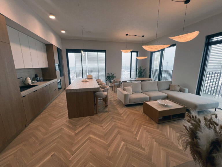 Living room with kitchen after the interior delivery — flat in Bratislava – Prístavná