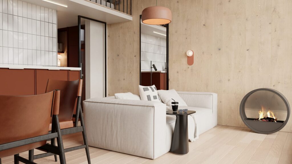Modulárny drevodom Elements of Living — Obývacia časť s krbom (vizualizácia)