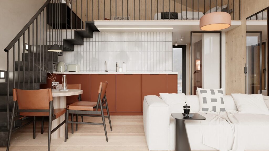 Modulárny drevodom Elements of Living — Obytný priestor s kuchyňou a galériou (vizualizácia)