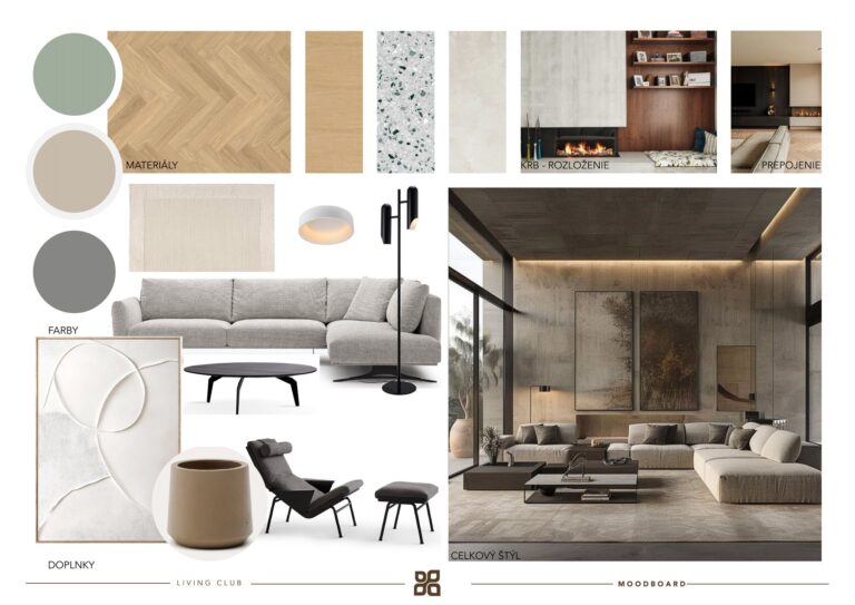 Moodboard obývačky — materiály, farby a nábytok, štúdia interiéru