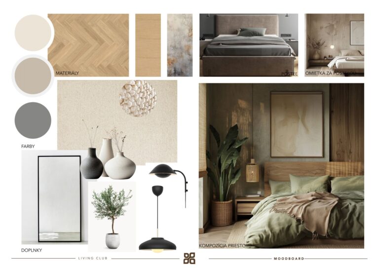Moodboard spálne — materiály, farby a nábytok, štúdia interiéru